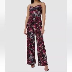Adrianna Papell Women's Black Multi Velvet Printed Cowl Neck Jumpsuit - Reemoly